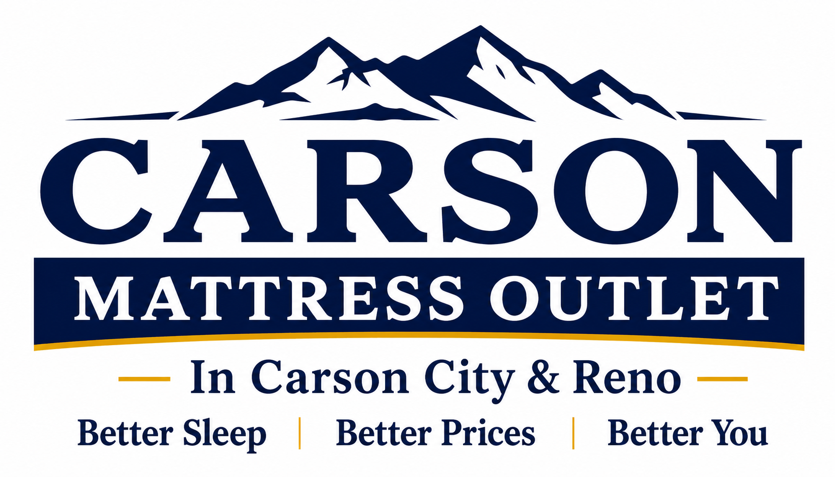 Carson Mattress Outlet logo with dark blue mountains above, large 'CARSON' text and a navy banner reading 'MATTRESS OUTLET'; includes 'In Carson City & Reno' and taglines 'Better Sleep | Better Prices | Better You'