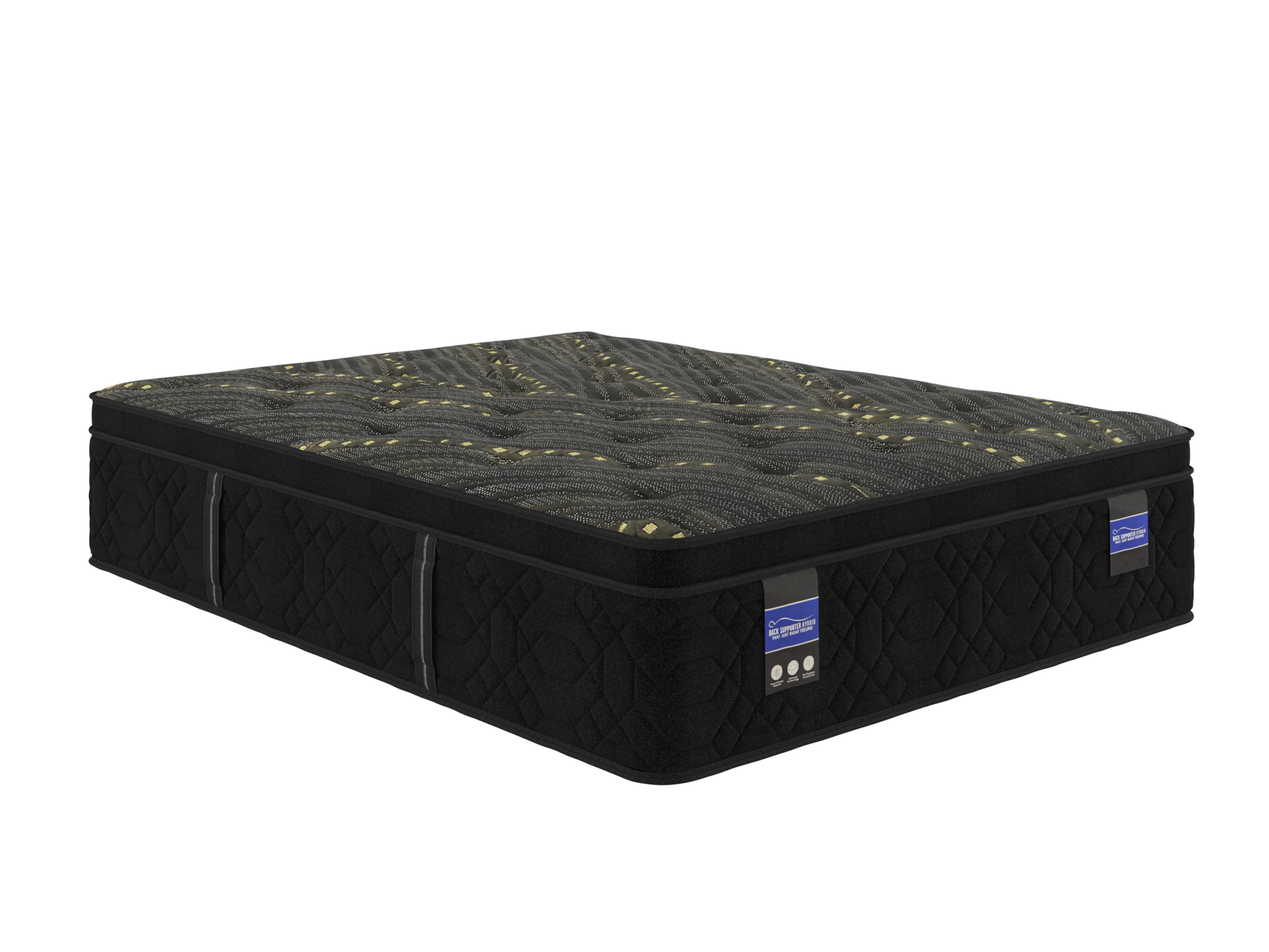 05-KAYLEE_EURO_TOP_-_155in_2-large 1 | Carson Mattress Outlet Store Black quilted mattress with diamond pattern and yellow stitching, shown from an angled side view with side handles visible on the edge.