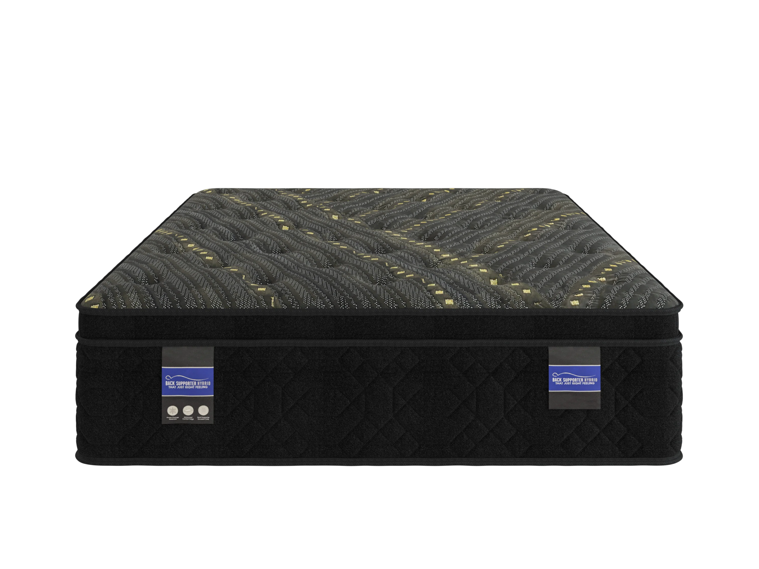05-KAYLEE_EURO_TOP_-_155in_3-large | Carson Mattress Outlet Store Black quilted mattress with a patterned top and blue care-tag labels on the sides, viewed from the edge.