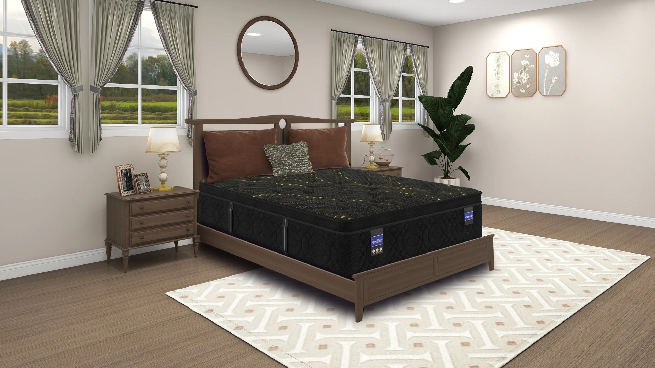 Kaylee_ET_Angle_Lifestyle | Carson Mattress Outlet Store Bedroom with a wooden bed and dark mattress, brown pillows, and a textured decorative cushion on a beige wall behind; two matching nightstands with lamps flank the bed. A round wall mirror hangs above the headboard, windows with light curtains on either side, and a large potted plant to the right. A geometric-pattern rug runs beneath the bed.