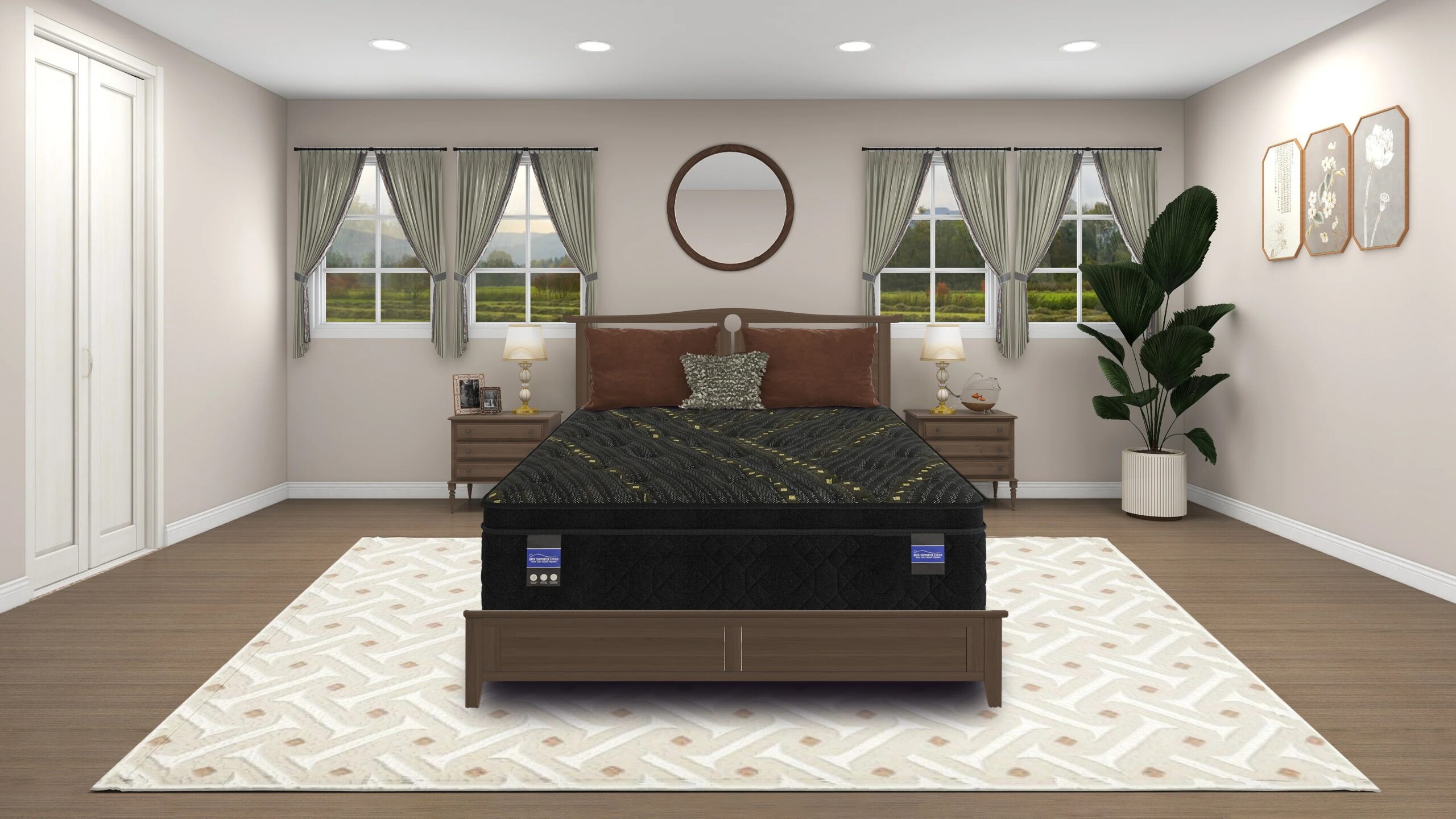 Kaylee_ET_Lifestyle | Carson Mattress Outlet Store Bedroom with a dark wood bed, matching nightstands, two lamps, and a large light-colored patterned rug centered under the bed. A round mirror hangs above the headboard, with three windows and green curtains in the background, and a tall plant in the corner.