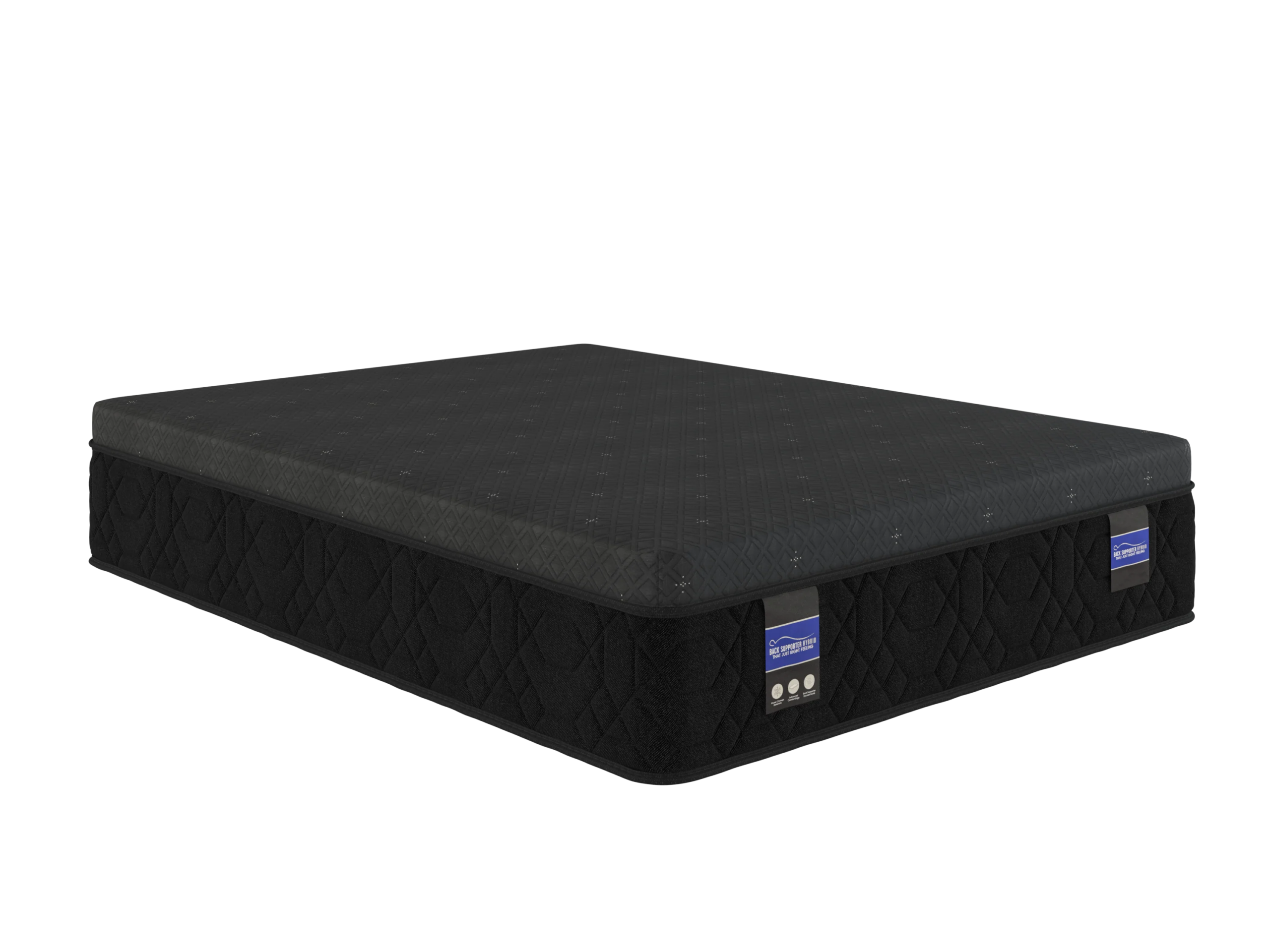 MAKAYLA_SMOOTH_TOP_FIRM_-_15in_Angle-large | Carson Mattress Outlet Store Black quilted mattress with a blue corner tag shown in perspective on a dark bed base.