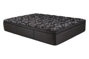 Black mattress with a quilted gray-patterned top and thick side rails on a white background.