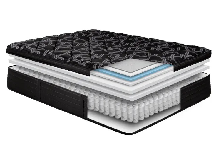 Cross-section of a mattress showing quilted top, foam layers, cooling layer, and pocketed coil base.